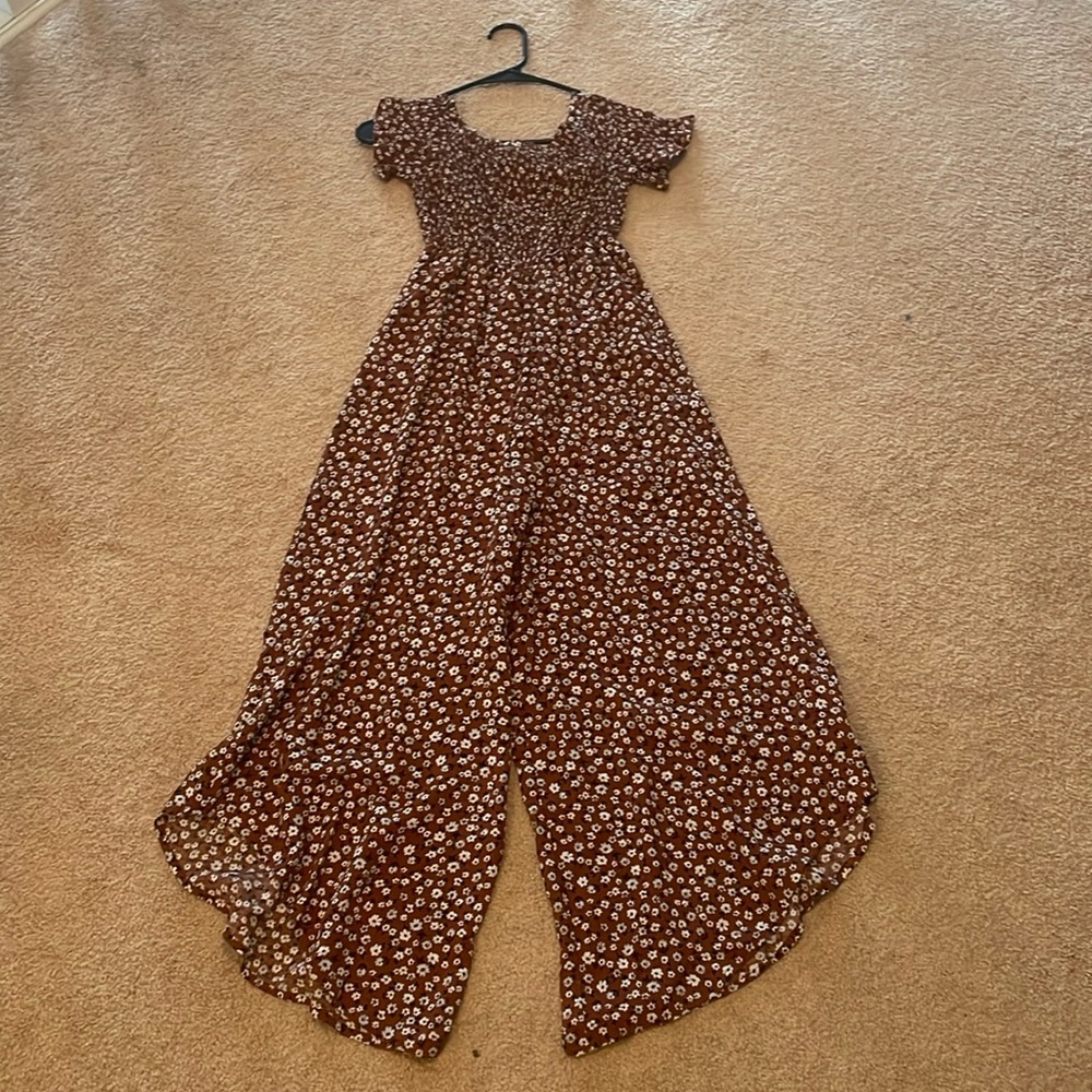 Brown floral jumpsuit.